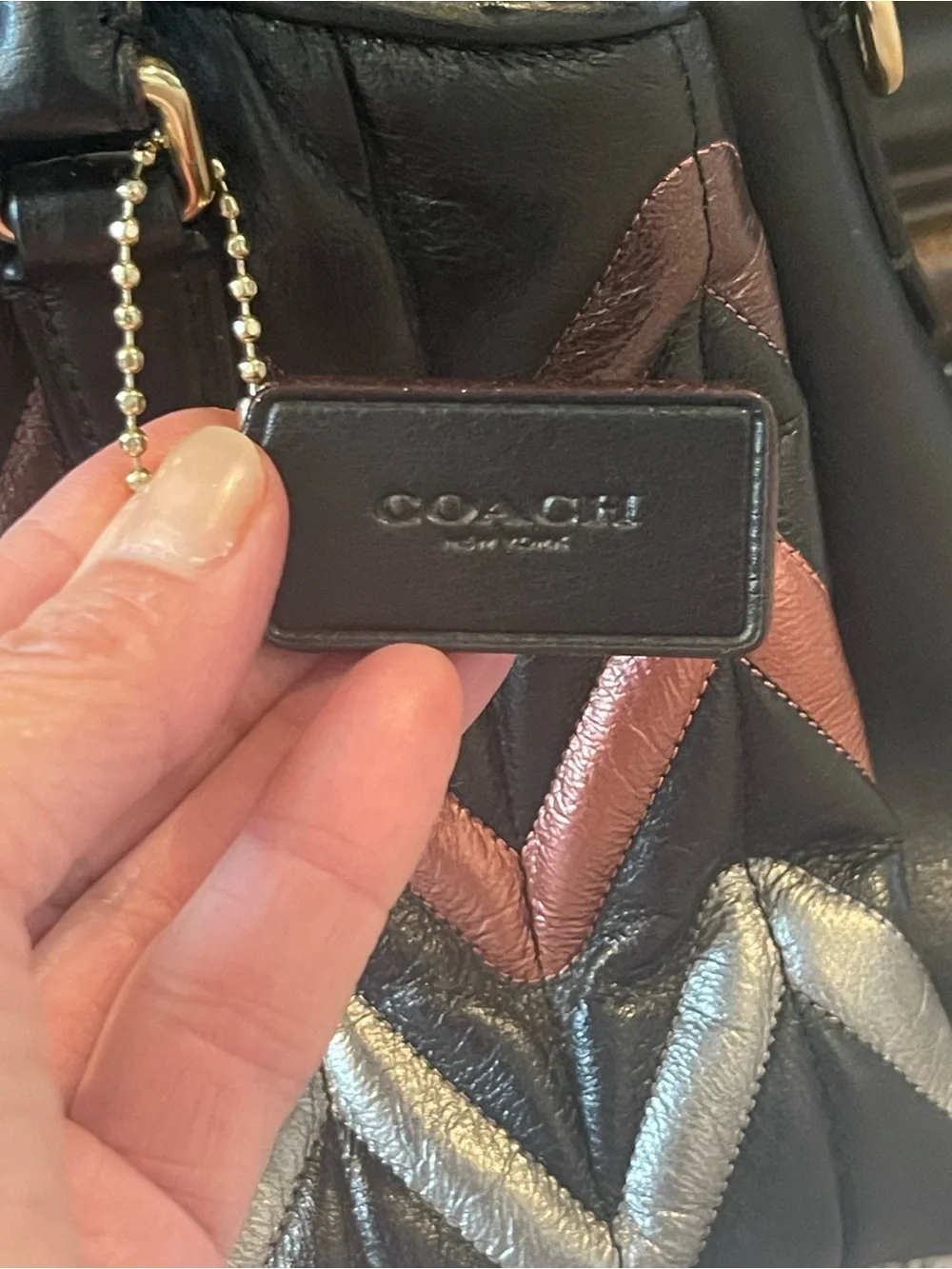 Coach Mini Sage Metallic Chevron Quilted Leather Satchel, Black Multi, F37372